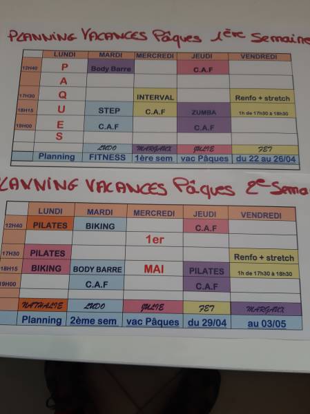 Planning de cours collectifs de Fitness pour les vacances de Pâques